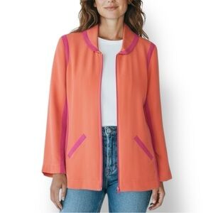 Lillie Rubin 100% Silk Jacket – Coral & Pink Trim Zip Front – VTG Luxury– Size 8